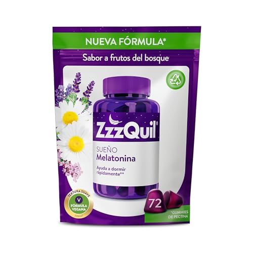 ZzzQuil Sonho, Gummies de melatonina para dormir, com valeriana, camomila, vitamina B6 e lavanda, ajuda a dormir rapidamente, sabor frutas da floresta, nova fórmula vegana, 72 Gummies