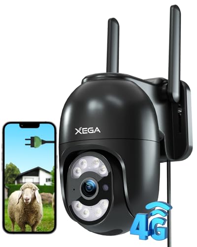 Xega 4G Câmara exterior com cartão SIM, 24/7 gravação contínua câmara vigilância com cabo, PTZ 355°/100°, detecção humana rastreamento automático visão noturna luz som alarme【Carregamento por cabo】