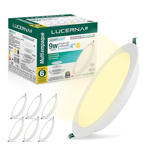 LUCERNA Downlight LED teto embutido de 9 W, holofotes LED interior teto redondo luz quente, 3000 K, 920 LM - Plafon LED teto fagor 110-120 mm, painel LED em PACK de 6