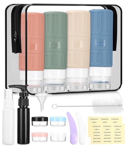 Garrafa de viagem de 16 peças de silicone, sem bisfenol A, conjunto de barcos de viagem de 100 ml, reutilizável e à prova de fugas, garrafas de viagem de silicone para líquidos, garrafas de viagem