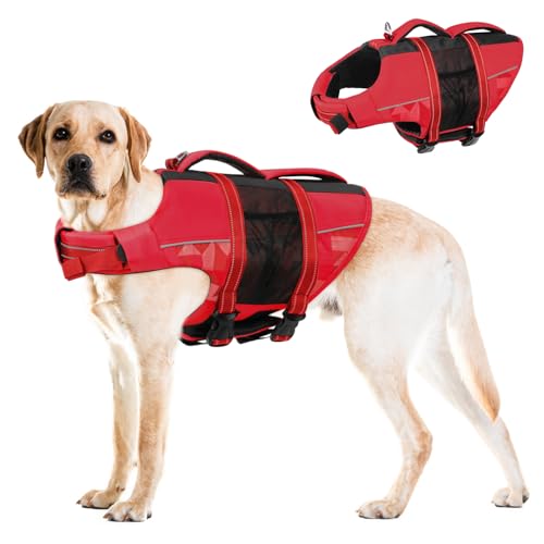 CITÉTOILE Coletes alvavidas para cães, flutuante ajustável para animais de estimação com alça, fato de banho de segurança para água para navegar na piscina da praia, vermelho, XXL