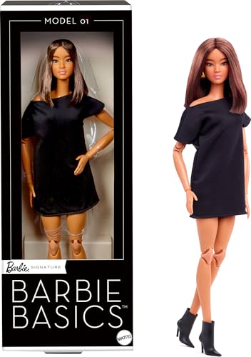 Barbie Basics Modelo 01 boneca de colecionador com cabelo castanho, minivestido preto e sapatos, roupas de tamanho universal, corpo articulável e cabeça intercambiável, JBH72