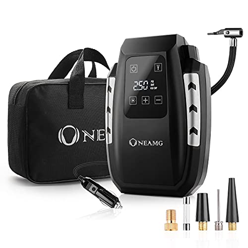 OneAmg Compressor ar portátil bomba de ar insuflador elétrico alimentado com medidor de pressão de 12 V com luzes de emergência LED para inchar pneu de mota carro e bicicleta (prata)