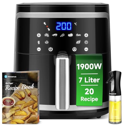 Aigostar Frigideira de ar 7 L, 1900 W, fritadeira sem óleo com 7 funções, ecrã táctil LED, uso duplo: com cesta ou gaveta. Sem BPA. Livro de receitas incluído, cesta anti-aderente, preta (IBT)