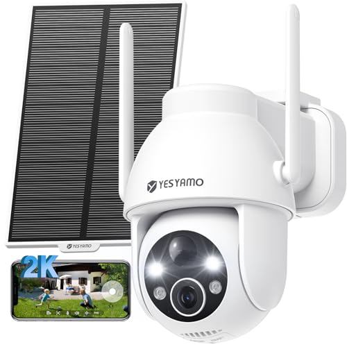 YESYAMO 2 K Câmara de vigilância Wi-Fi exterior solar com bateria, painel solar, 2,4 GHz Wi-Fi câmara exterior solar IP66, 360 ° PTZ, visão noturna cor, áudio bi-direcional, PIR sereia, branca