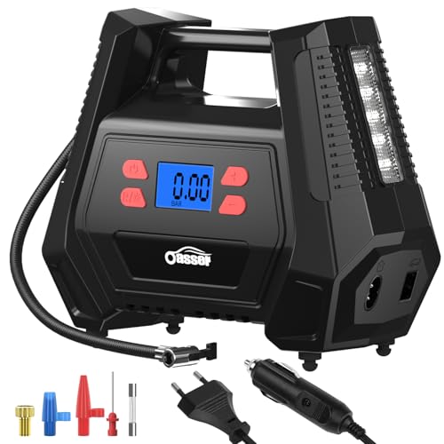 Oasser Inflador de rodas de carro DC 12 V e AC 220 V compressor de ar portátil com ecrã LCD luz LED cabo de 3 m 150 PSI para carros, motos e bicicletas