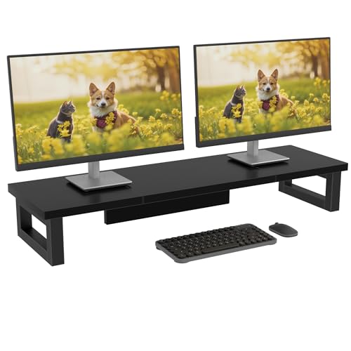 OYRREU Suporte para monitor de secretária, 91 x 26 cm, monitor de ecrã duplo para monitor, suporte para computador TV PC monitor Stand acessórios de secretária (preto, 91 x 26 x 12,5 cm)