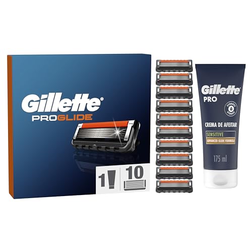 Gillette ProGlide Peças sobresselentes para homem, 10 peças de reposição Gillette PRO pele sensível creme de barbear 175 ml, lâminas de barbear, máquina de barbear homem