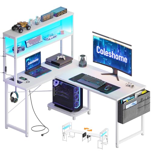 Coleshome Secretária Gaming em L com LED e tomadas, 115 × 80 cm, secretária Gamer reversível com prateleiras, secretária de canto com saco de armazenamento e gancho para jogadores, branco
