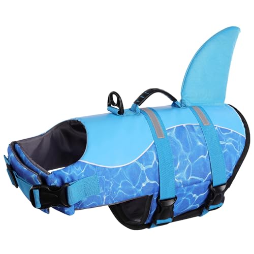 CITÉTOILE Colete salva-vidas para cães tubarão, leve e seguro para desportos aquáticos, colete salva-vidas para cães com alça e refletor para cães pequenos, médios e grandes, onda, XXL