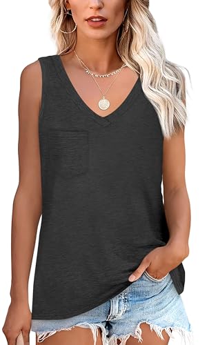 NONSAR T-shirt básica de verão sem mangas para mulher. T-shirt elástica com decote em V e bolso, t-shirt interior confortável de estilo casual