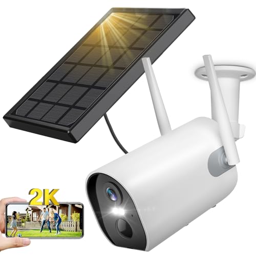 YESKAMOU 2K Sem fio exterior solar Wi-Fi câmara de vigilância, 2,4 GHz câmara solar exterior com painel solar, 360 ° PTZ, visão noturna a cores, áudio bidirecional, sereia PIR (branca)