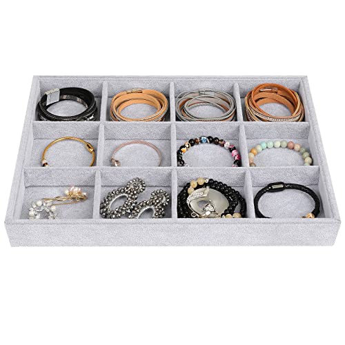 Emibele Organizador multifuncional de jóias, 12 compartimentos bandeja de jóias interior removível, bandeja de exposição com empilhável para colares anéis brincos tachas pulseiras, cinzento