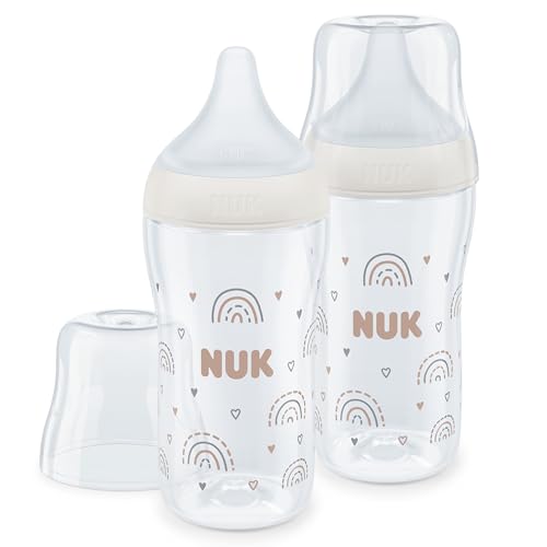 Conjunto de 2 biberões Perfect Match da NUK | +3 meses, adapta-se ao bebé como peito da mama, controlo de temperatura, ventilação anticólica, 260 ml, sem BPA, Tetina média, arco-íris