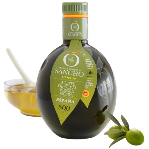 Azeite de azeitona virgem extra arbequina premium 500 ml garrafa de vidro AOVE SANCHO Gourmet macio aroma fruta consumo em cru colheita precoce primeira extração a frio origem Espanha DOP a mancha