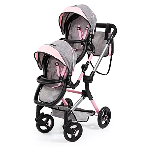 Bayer Design 26233AA Carrinho de pulso gémeos, carrinho de passeio para bonecos, ajustável em altura, dobrável, com bolsa de ombro, compatível com cadeira de carro EasyGo, cinzento, rosa, borboleta