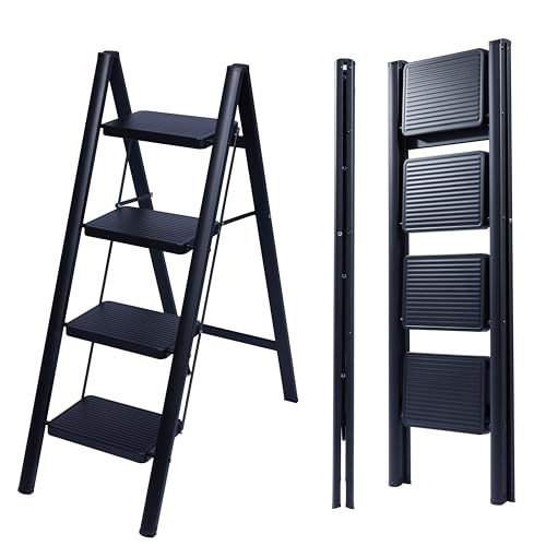 UZIRO Escada dobrável 4 degraus, escadas decorativas, degraus largos antiderrapantes, ideal para uso em casa, cozinha e escritório, fácil de guardar e transportar, resistente (preto, 4 quedas)