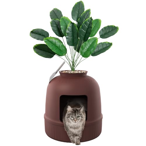 Lifewit Caixa de areia com planta sintética e pala para gatos grandes, bandeja de areia oculta em canto com controlo de odores e filtro de carbono na sala de estar/quarto/casa de banho, castanho