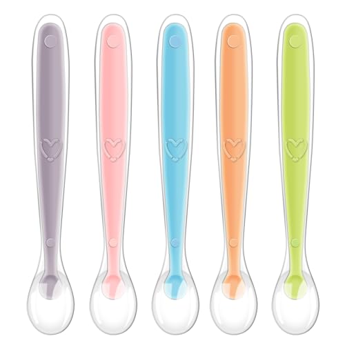 Vicloon Colher de silicone para bebé, 5 peças colheres de aprendizagem para bebé, colher de aprendizagem para bebé, aprendizagem para bebé, antibacteriana conjunto de talheres para bebés 6 meses