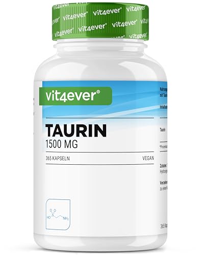 Taurina 365 cápsulas - altamente dosado com 1500 mg por dose diária, 99% pureza, sem aditivos - Vegan