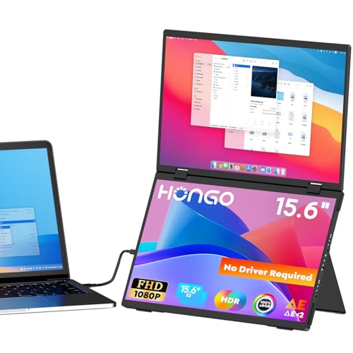 HONGO Extensor de ecrã portátil de 15,6", 1080P, HDR, 360°, rotação tripla com suporte, monitor USB-C portátil, duplo ecrã para computador portátil Mac Phone PS4/5 (sem driver)