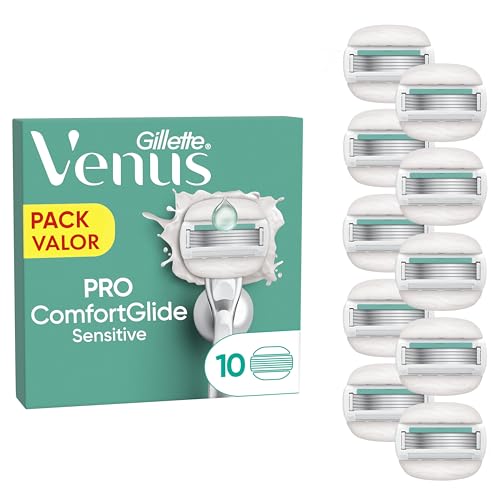 Venus Gillette Pro ComfortGlide Sensitive Peças sobresselentes para máquina de mulher, conjunto de 10 lâminas de substituição com 5 folhas e faixa lubrificante com aloé vera, remoção suave, purgada e