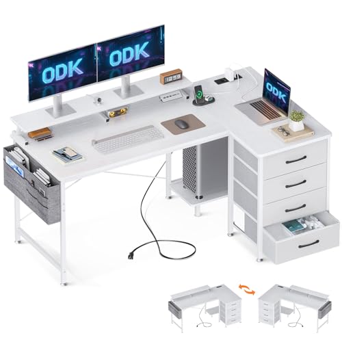ODK Mesa de canto com 4 gavetas, mesa em L reversível, 2 portas de carregamento USB e 2 tomadas, mesa em L com prateleira para monitor para escritório em casa, branco, 140 x 80 x 84,7 cm)