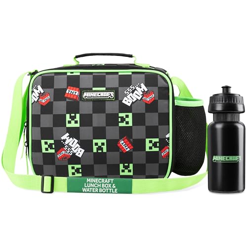 Minecraft Saco térmico porta-alimentos para crianças ou Creeper saco almoço infantil com garrafa de água para escola viagens presente Gamer (preto/verde)