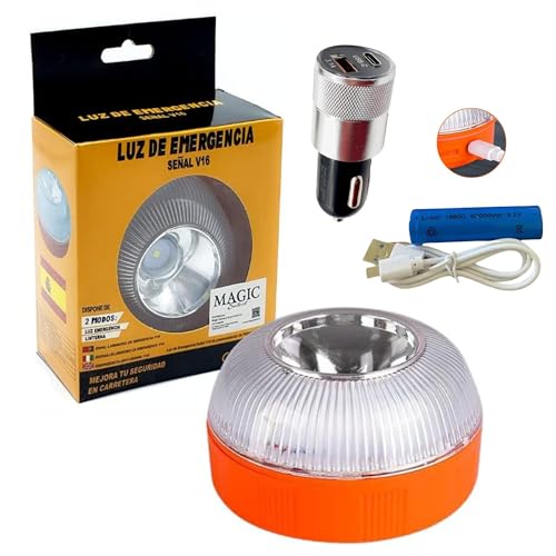 MAGIC SELECT Luz de emergência V16 com carregador de carro. Para sinalização de estrada de carro e moto. Luz intermitente e fixa com ignição automática, base estampada, bateria recarregável.