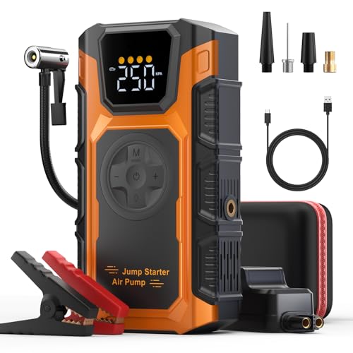 Iniciador de baterias de carro com compressor de ar, 5000A 12 V arranque de carros (todo o gás / 10 l gasóleo), 7 em 1 profissional portátil Jump Starter carregador bateria com 150 PSI insuflador/18 W