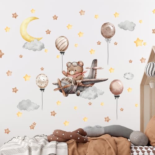 Tanlaby Urso avião voador vinil parede, lua balão estrelas nuvem autocolantes de parede caricatura autocolante removível vinil decorativos para quarto bebé crianças jardim decoração parede