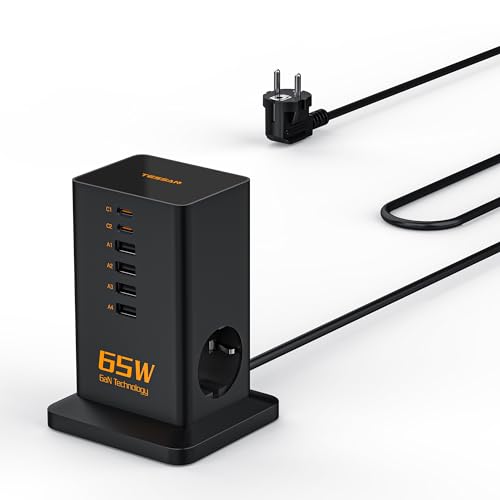 TESSAN Carregador USB C, PD de 65 W GAN carregador, USB estação de carregamento com 6 portas e 2 tomadas, estação de carregamento com cabo de 2 m para telefone e Pad, adaptador portátil para