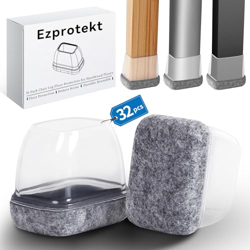 Ezprotekt 20 - 28 mm protetores de chão de silicone cinzento para pernas de cadeira, quadrados, 32 tampas pequenas de silicone para pernas de cadeira com feltro quadrado