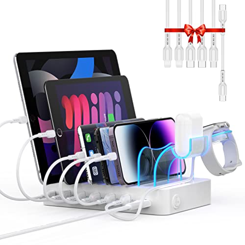 SooPii Estação de carregamento de 6 portas, PD 20W USB C carregamento rápido para lPhone 14/13/12, 2 em 1 i Watch Holder, 6 cabos curtos incluídos para telefones, tablets e outros, branco