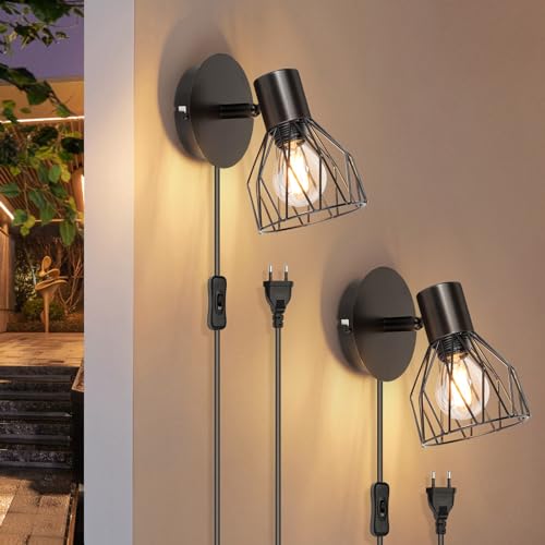 Kimjo Candeeiros de parede preto - iluminação LED E14 ajustável - Vintage aplique metal para quarto, cozinha, corredor - lâmpada não incluída, 2 peças