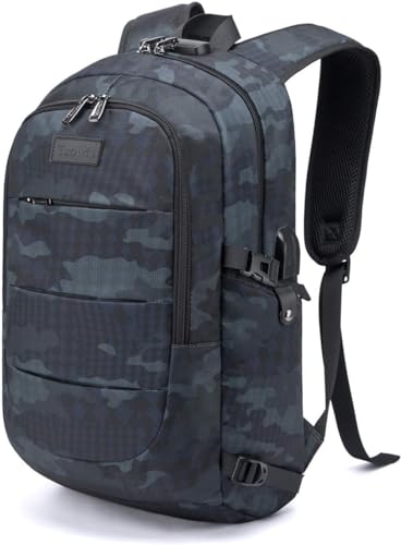 Tzowla Mochila mulher homem de viagem para portátil impermeável e anti-roubo com porta de carregamento USB e cadeado mochilas de 17,3 polegadas para estudantes universitários - camuflagem azul
