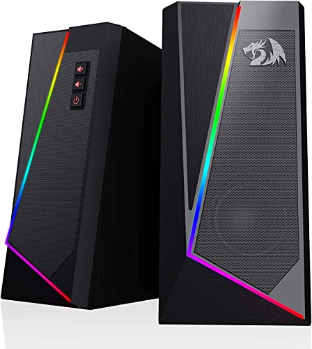 Redragon GS520 RGB Altifalantes de secretária, altifalante estéreo de 2,0 canais para PC com 6 modos LED coloridos, graves aprimorados e controlo de volume de fácil acesso, alimentado por USB