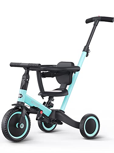 newyoo TR008 Triciclo evolutivo 5 em 1 para crianças 1-3 anos com barra de segurança e haste de impulso, presente de aniversário para meninos e meninas, bicicleta de equilíbrio e brinquedo montável