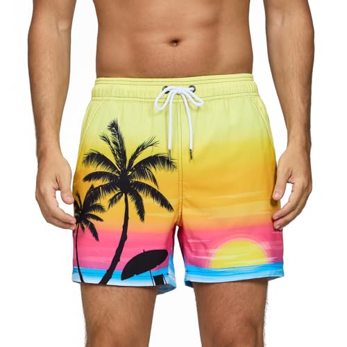 Vorvowry Fato de banho homem secagem rápida respirável fato de banho estampado leve boxer cuecas banho para natação praia surf de bolso com fecho de correr