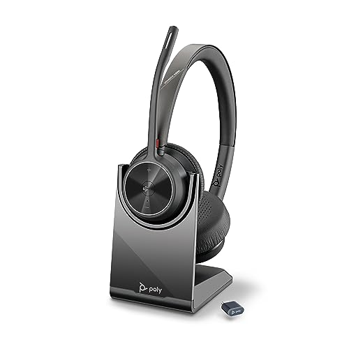 Auriculares sem fios Poly Voyager 4320 UC e suporte de carregamento - Auriculares estéreo com microfone de braço com cancelamento de ruído, conexão Bluetooth a PC/Mac/telemóvel - Teams (certificado)