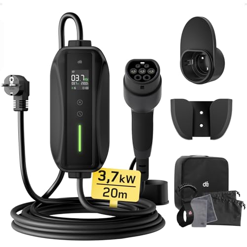 dé Carregador de carro elétrico [3,68 kW, 6-16 A, 20 m] EV carregador tipo 2 com tomada Schuko, carregador de carro elétrico portátil com ecrã digital controlador com modelo Y/3, GLC, MG4 e outros