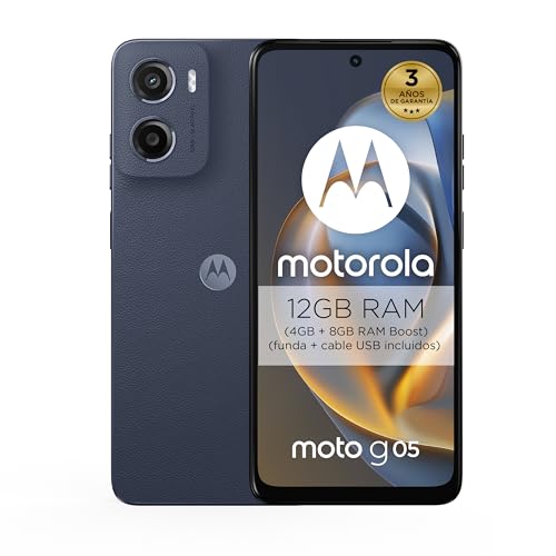 Motorola Moto g05 8 GB/256 GB azul, Espanha, ecrã brilhante de 6,67", sistema de câmaras de 50 MP, modo retrato com IA, couro vegano, Corning Gorilla Glass 3, bateria 5200 mAh