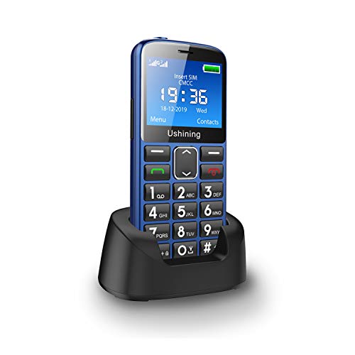 ukuu Telemóvel para idosos com botão SOS e base de carregador, teclas grandes volume alto USB-C bateria 1000 mAh ecrã grande de 2,3 polegadas fácil de usar telemóvel para idosos - azul