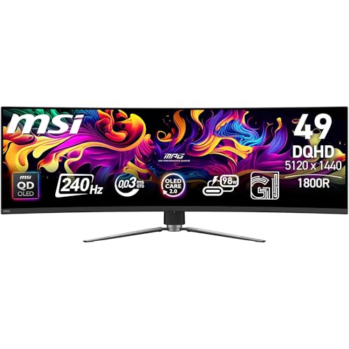 MSI MPG 491CQPX QD-OLED Monitor curvo de jogos de 49" DQHD, 1800R, 5120 x 1440 Quantum Dot OLED painel, 240 Hz/0,03 ms, 99% DCI-P43, ecrã HDR True Black 00, KV. M/Preto