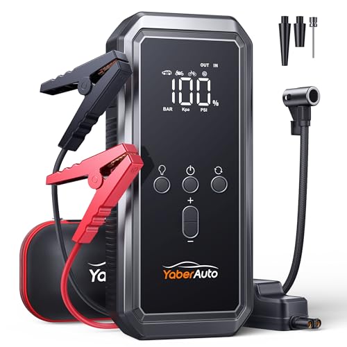YaberAuto Iniciador de baterias de carro com compressor de ar, 4500A iniciador de carros portátil (para 9,0 l de gasolina ou 8,0 l de gasolina) com insuflador de 150 PSI, grande ecrã