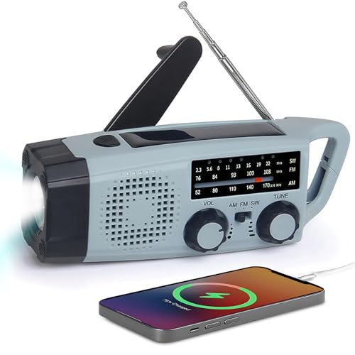 MUSHUI Rádio solar de emergência com manivela, FM/Am/SW rádio portátil pequeno de emergência com dínamo e lanterna LED 2000 mAh Powerbank e SOS alarme e USB para campismo ao ar livre, IPX5