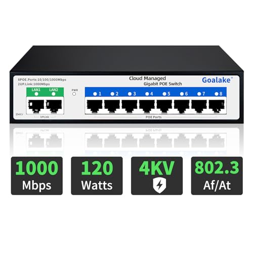 Goalake Switch PoE+ de 10 portas, 8 portas PoE de 120 W, 2 Gigabit Uplink, 802.3af/at - Gerenciado na nuvem, App fácil, detecção em nuvem, VLAN