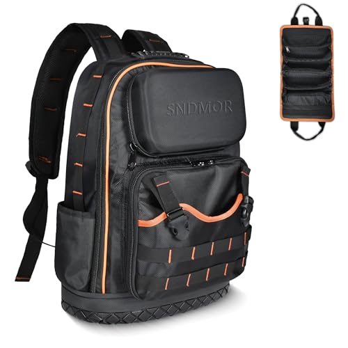 SNDMOR Mochila de ferramentas mochila ferramentas eletricista com 53 bolsos mochila para ferramentas de trabalho com fundo de borracha impermeável bolsa ferramentas removível (preto e laranja)