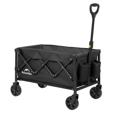 Naturehike 120 kg Carrinho de praia dobrável com rodas grandes, carrinho de campismo transporte para jardim, grande vagão dobrável com alça ajustável e bolsos, preto