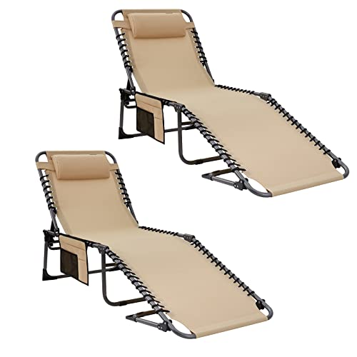 KingCamp Conjunto de 2 espreguiçadeiras dobrável para exterior, espreguiçadeira, jardim, encosto ajustável em 5 posições, cadeira de jardim, espreguiçadeira de praia, cama de campismo com almofada